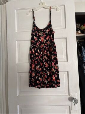 Deb Girls Black Floral Casual Sundress with Pink and Cream Flowers